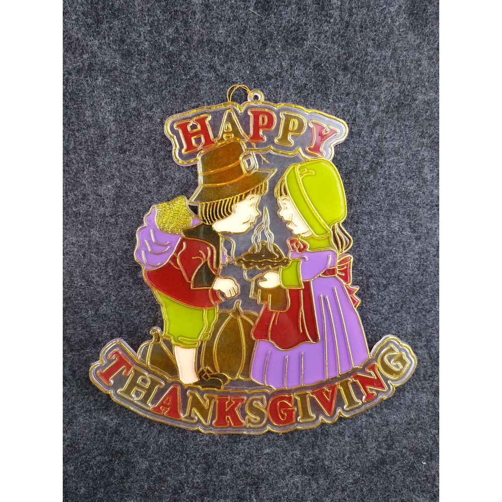 Vintage Window PLASTIC Stained Glass Sun Catcher Happy Thanksgiving Pilgrims